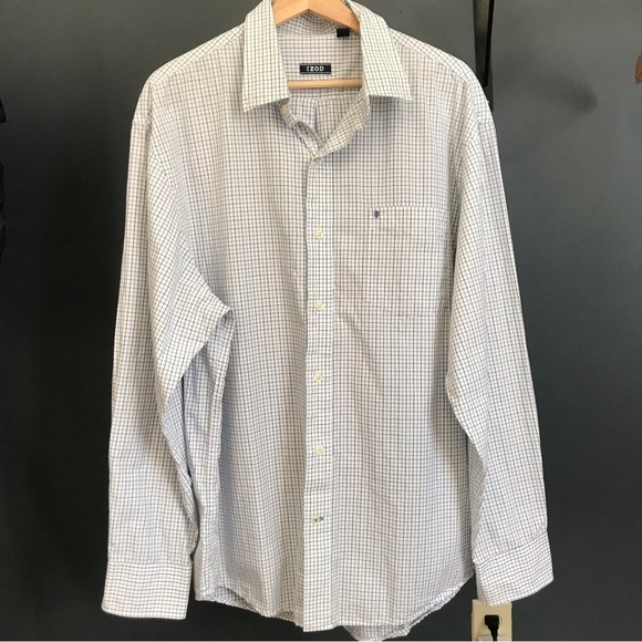 IZOD Men’s White Blue Squared Button Down Shirt 100% Cotton Long Sleeve Size XL - Picture 1 of 6